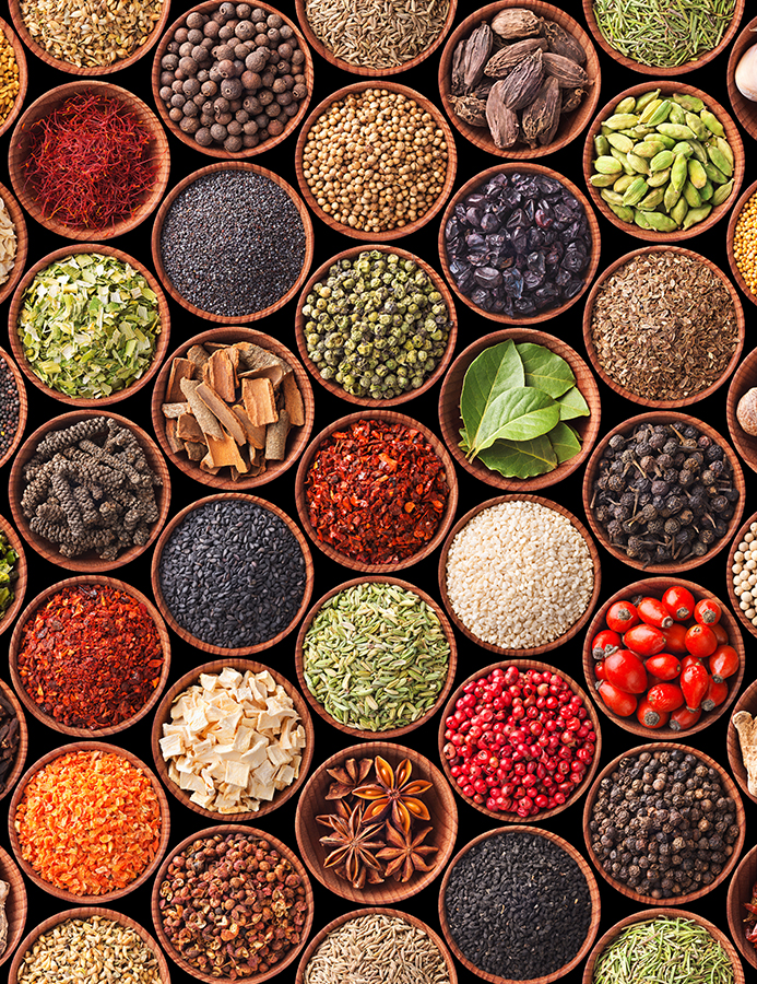 Ingredients of different varieties in colorful bowls