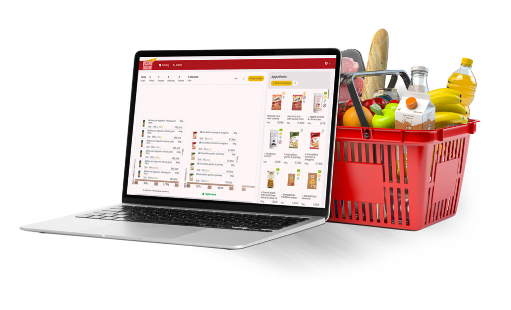 Laptop with our system container builder and a basket full of retail products